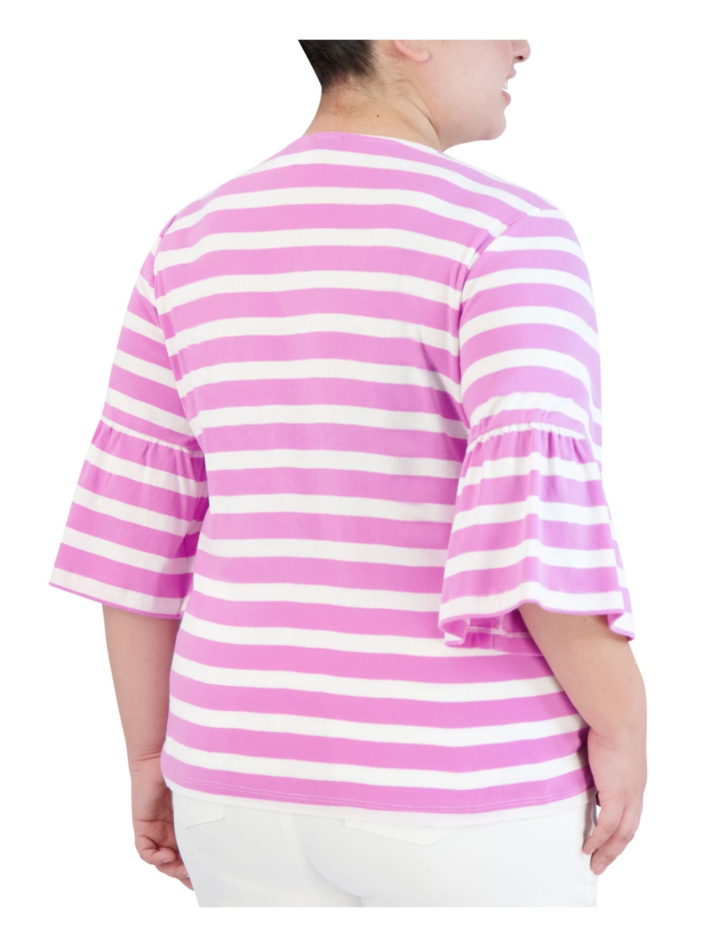 JONES NEW YORK Womens White Striped Bell Sleeve Round Neck Top Plus 2X