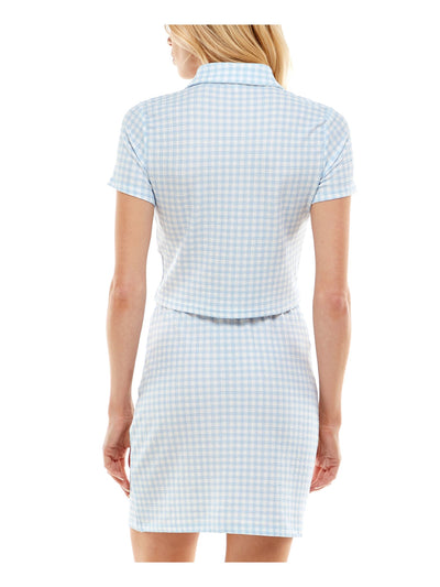 ULTRA FLIRT Womens Light Blue Stretch Textured Short Length Button Up Slitted Printed Short Sleeve Point Collar Above The Knee Party Body Con Dress S