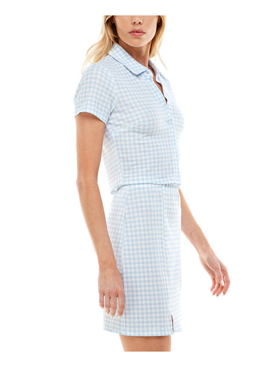 ULTRA FLIRT Womens Light Blue Stretch Textured Short Length Button Up Slitted Printed Short Sleeve Point Collar Above The Knee Party Body Con Dress S