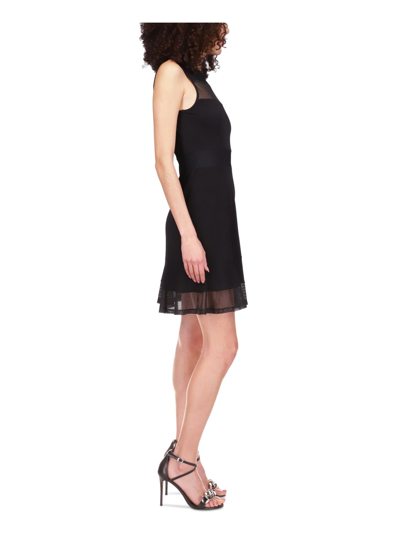 MICHAEL MICHAEL KORS Womens Black Zippered Sheer Mesh Panels Unlined Sleeveless Crew Neck Above The Knee Fit + Flare Dress Petites P\S