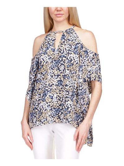 MICHAEL MICHAEL KORS Womens Navy Cold Shoulder Floral Short Sleeve Crew Neck Wear To Work Top Petites P\XS