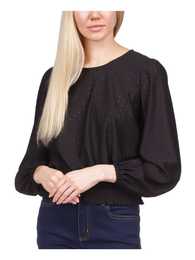 MICHAEL MICHAEL KORS Womens Black Eyelet Smocked Elastic Cuffs Long Sleeve Scoop Neck Top XS