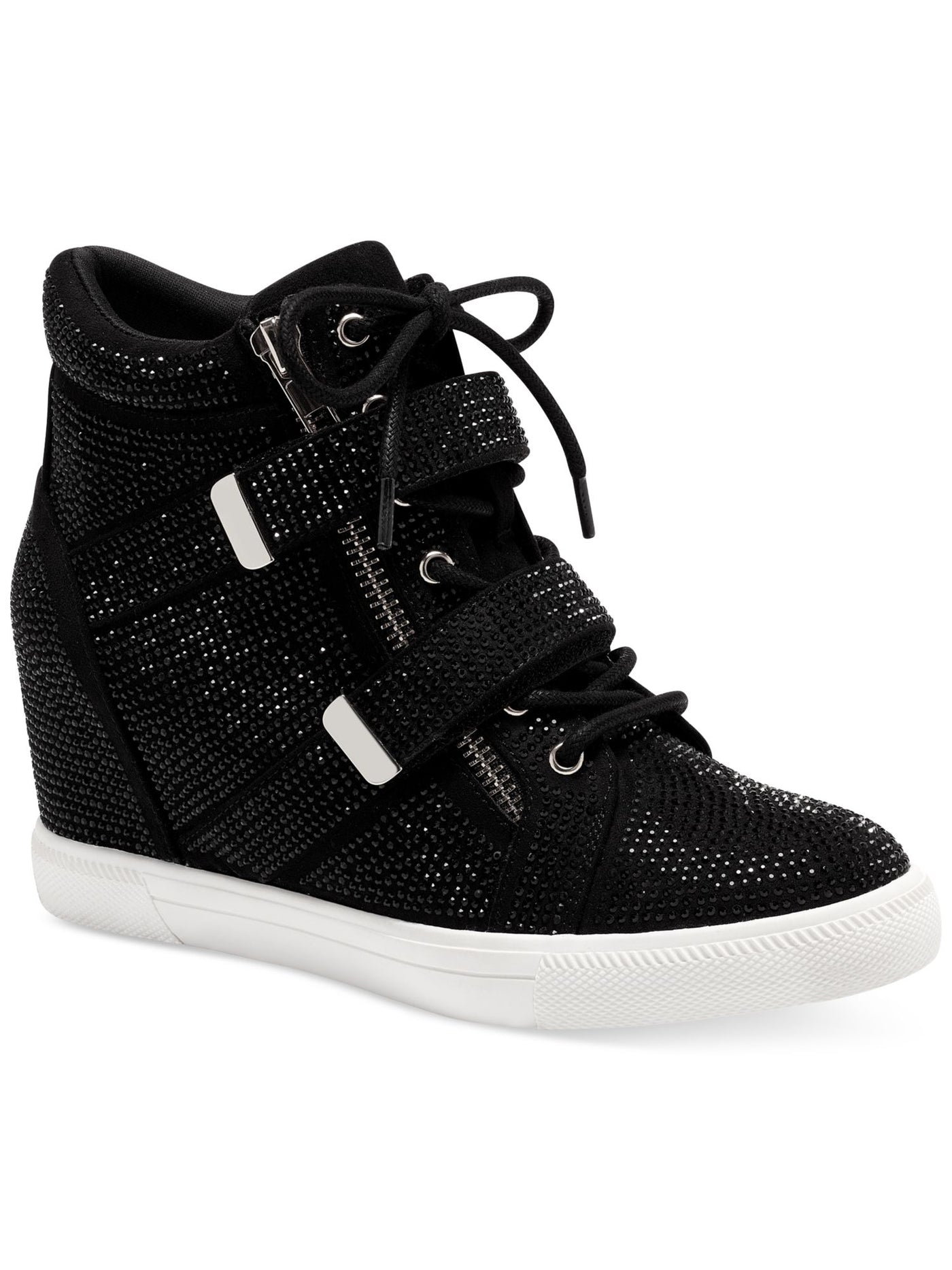 INC Womens Black Mixed Media Lace-Up Hook And Loop Straps Zipper Accent Rhinestone Cushioned Debby Round Toe Zip-Up Sneakers Shoes 8.5 M