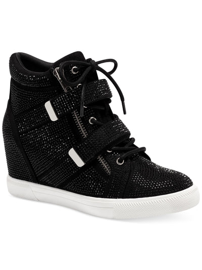 INC Womens Black Mixed Media Lace-Up Hook And Loop Straps Zipper Accent Rhinestone Cushioned Debby Round Toe Zip-Up Sneakers Shoes 8.5 M