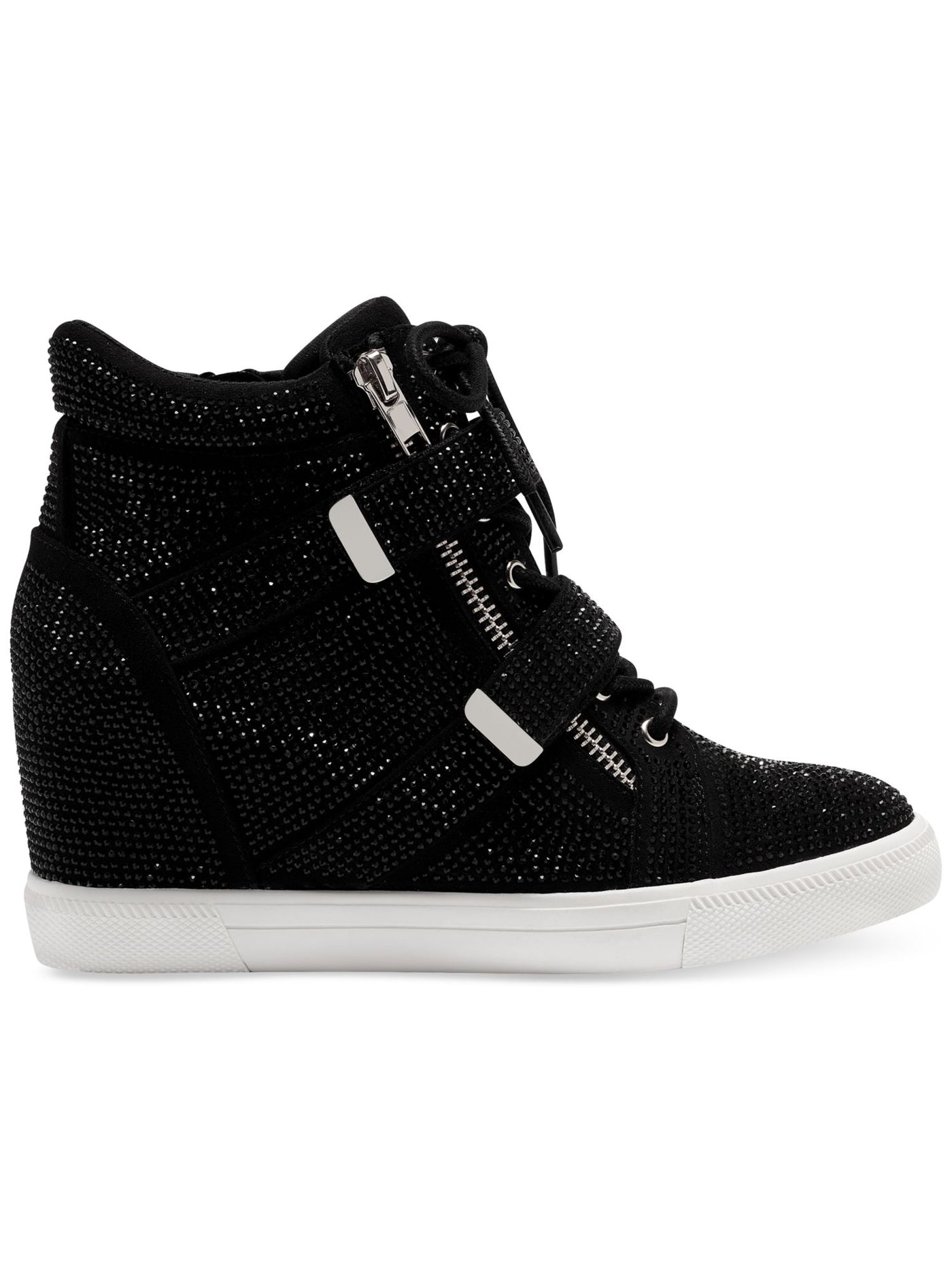 INC Womens Black Mixed Media Lace-Up Hook And Loop Straps Zipper Accent Rhinestone Cushioned Debby Round Toe Zip-Up Sneakers Shoes 8.5 M