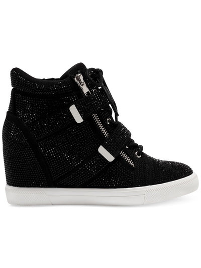 INC Womens Black Mixed Media Lace-Up Hook And Loop Straps Zipper Accent Rhinestone Cushioned Debby Round Toe Zip-Up Sneakers Shoes 8.5 M