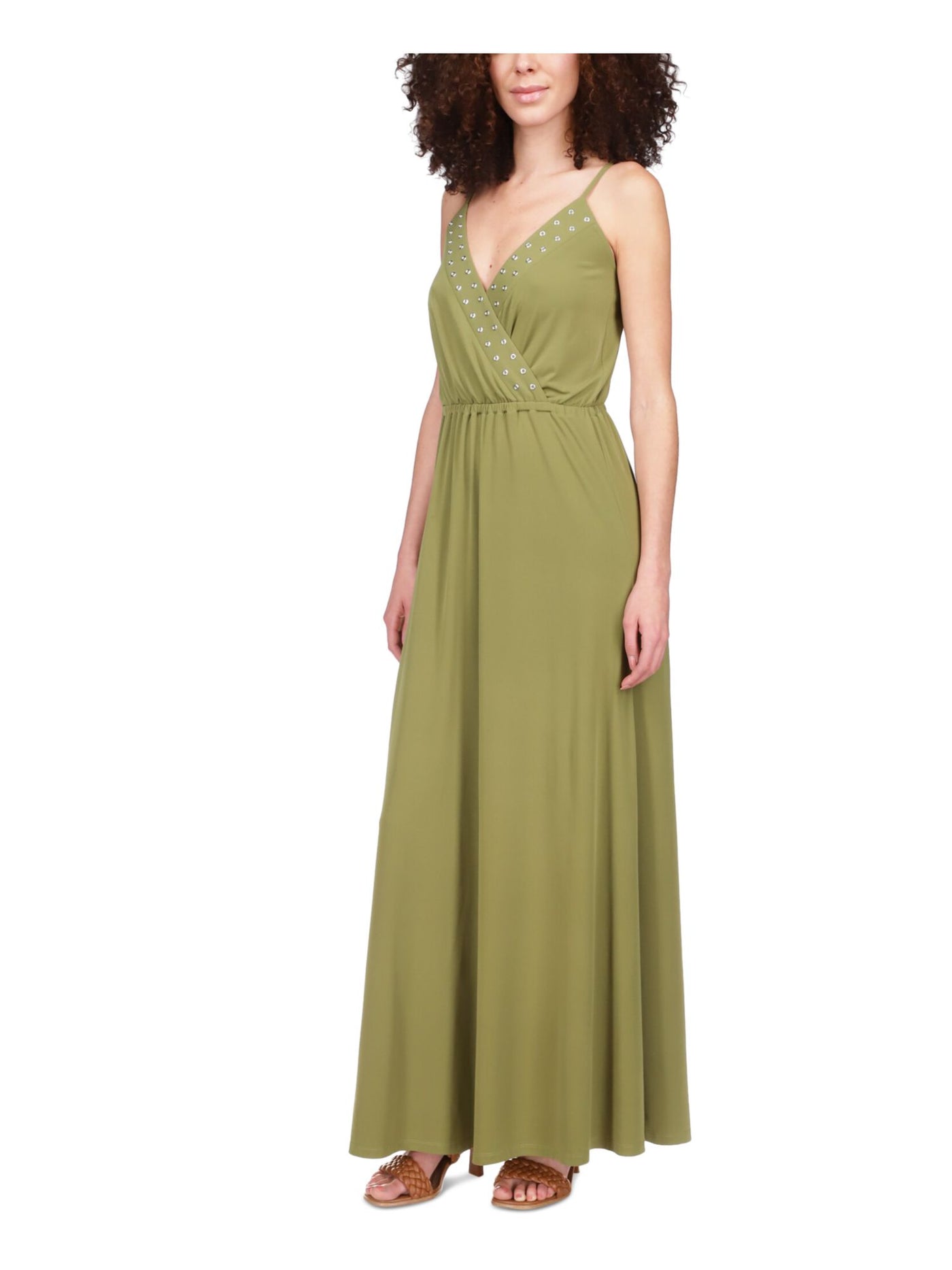 MICHAEL KORS Womens Green Adjustable Unlined Grommet Detail Spaghetti Strap Surplice Neckline Full-Length Empire Waist Dress Petites PS