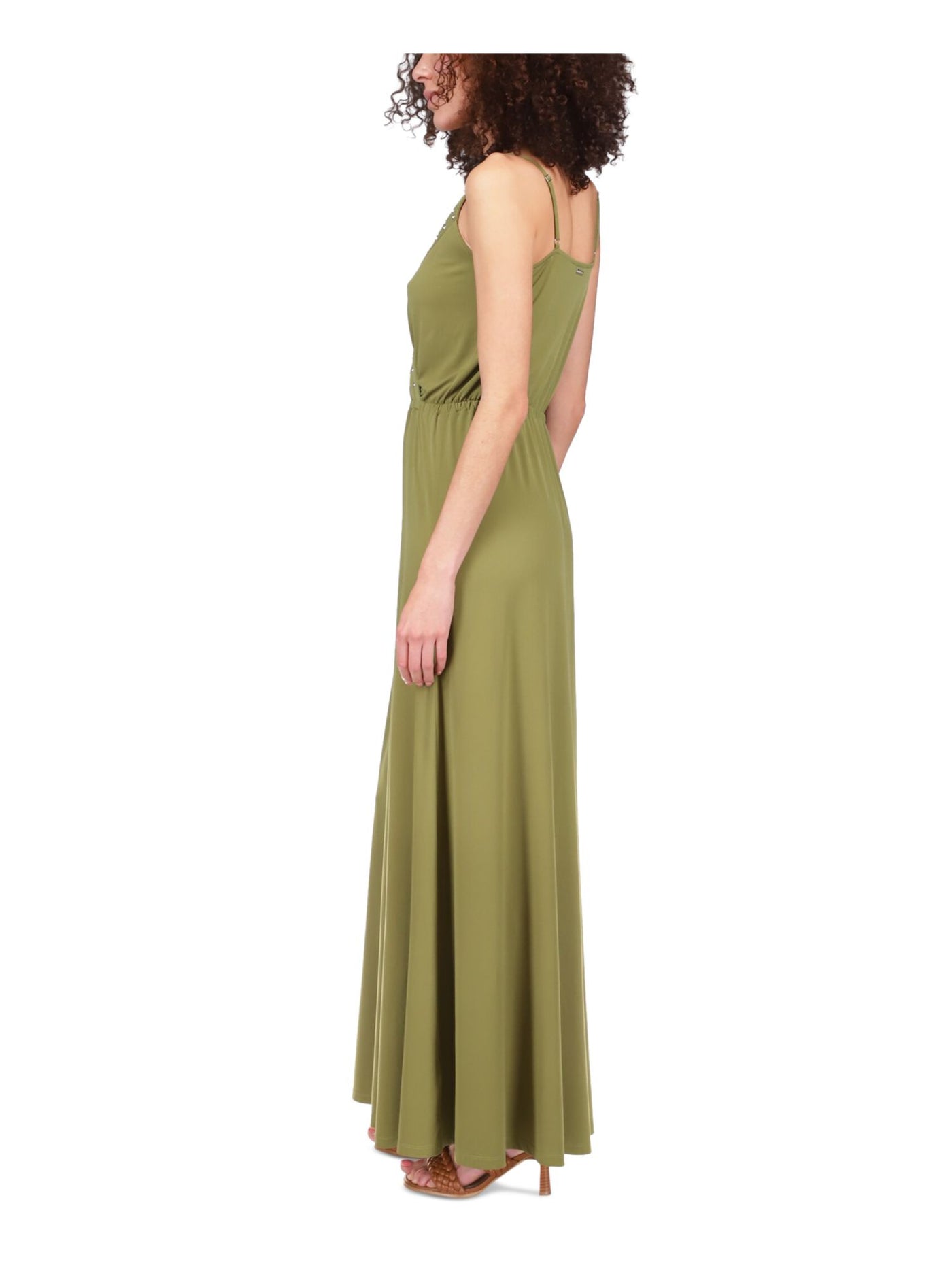 MICHAEL KORS Womens Green Adjustable Unlined Grommet Detail Spaghetti Strap Surplice Neckline Full-Length Empire Waist Dress Petites PS