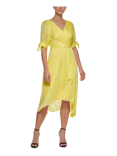 DKNY Womens Yellow Zippered Tie Hi-lo Hem Lined Short Sleeve Surplice Neckline Midi Wear To Work Faux Wrap Dress 4