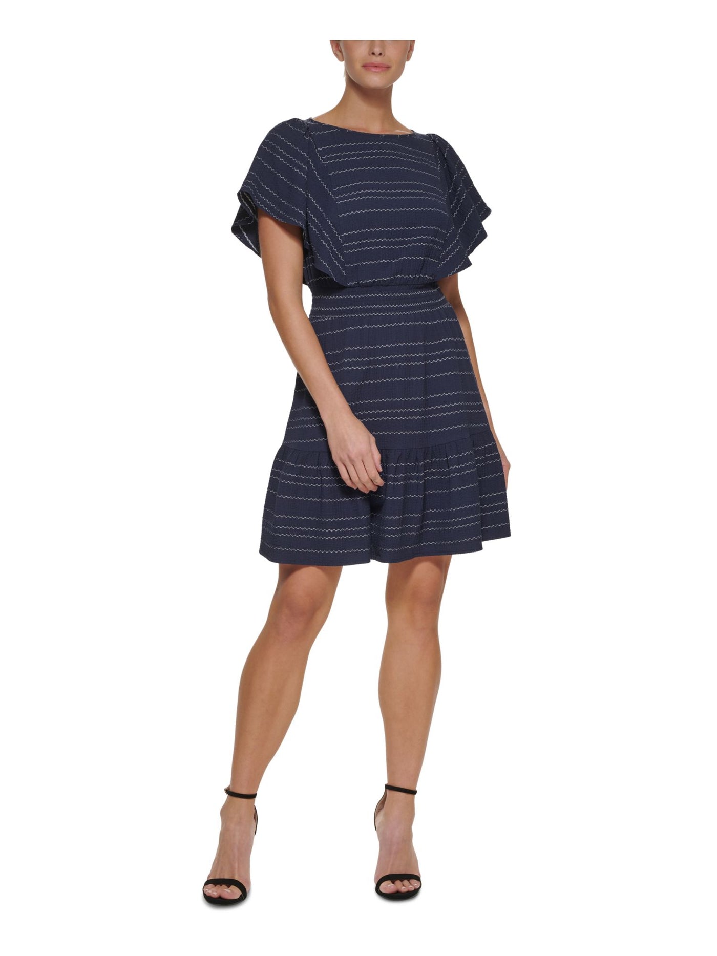 DKNY Womens Navy Smocked Ruffled Keyhole Closure Unlined Flutter Sleeve Crew Neck Above The Knee Fit + Flare Dress 6