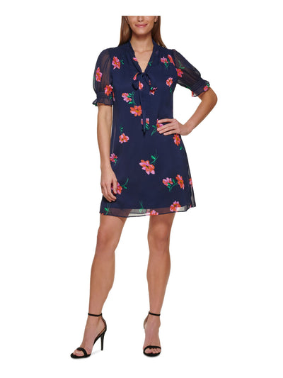 DKNY Womens Navy Tie Zippered Lined Smocked Floral Short Sleeve V Neck Short Sheath Dress 2