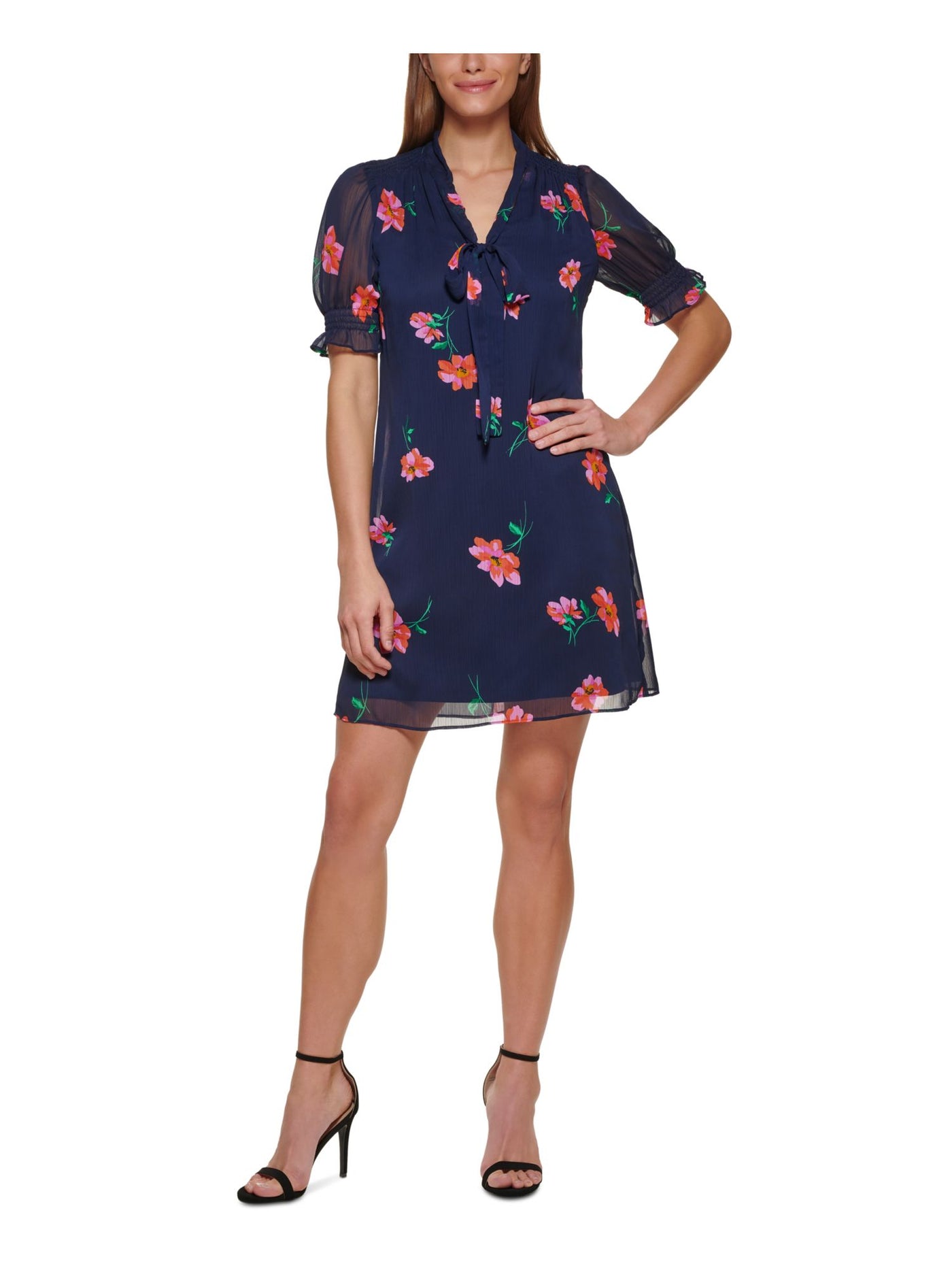 DKNY Womens Tie Short Sleeve V Neck Lined Smocked Short Sheath Dress