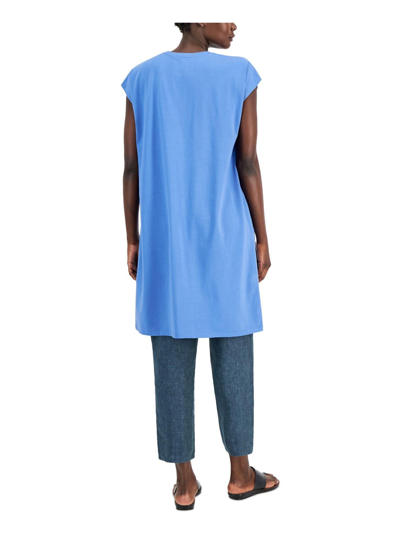 EILEEN FISHER Womens Blue Cap Sleeve Crew Neck Above The Knee T-Shirt Dress L\G