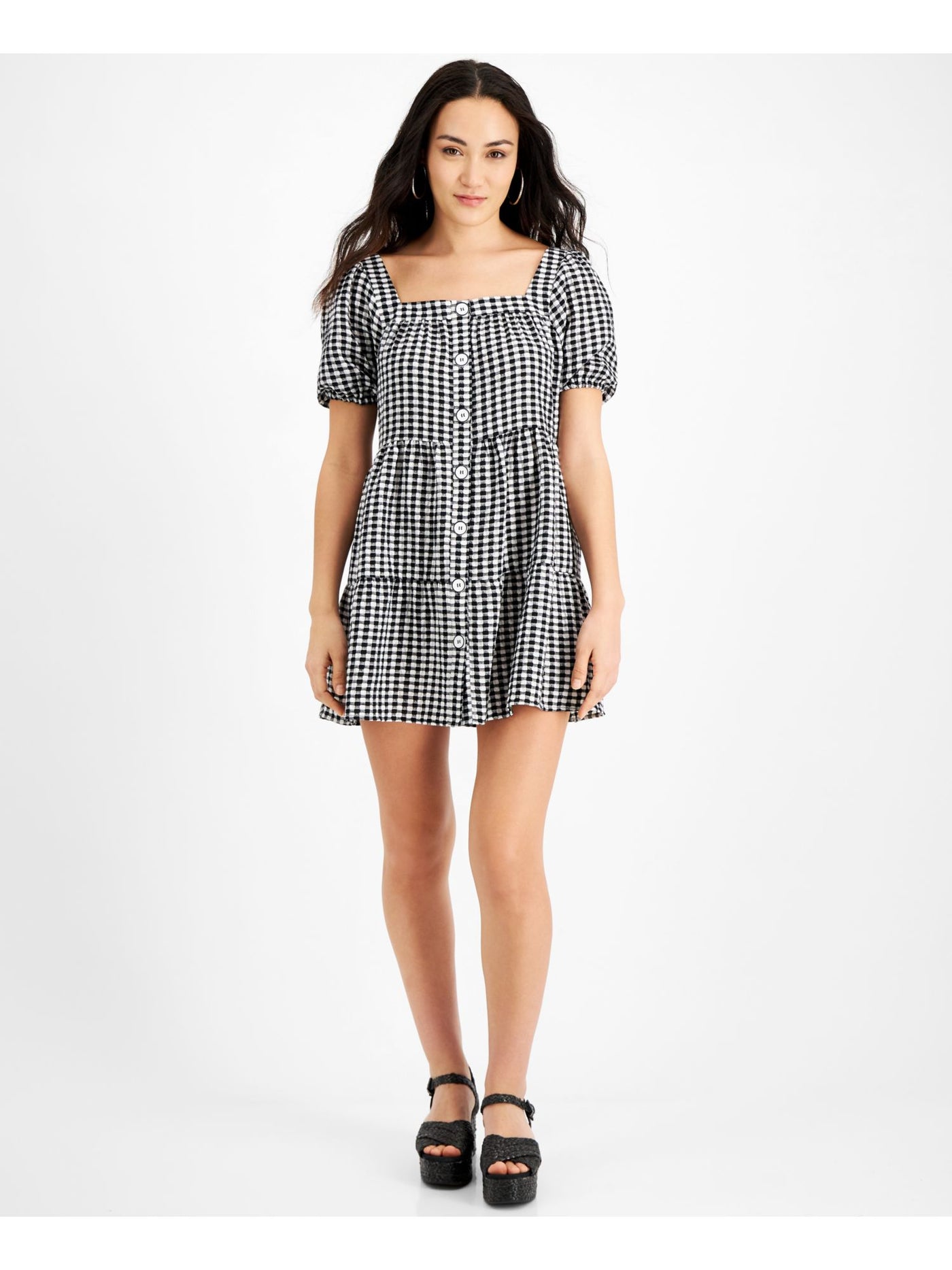 BLACK TAPE Womens Black Unlined Button Front Closure Tiered Gingham Pouf Sleeve Square Neck Above The Knee Trapeze Dress Petites P\XS