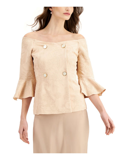 ADRIANNA PAPELL Womens Beige Zippered Metallic Double Breasted Fitted Textured Bell Sleeve Off Shoulder Evening Top 14