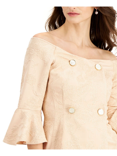 ADRIANNA PAPELL Womens Beige Zippered Metallic Double Breasted Fitted Textured Bell Sleeve Off Shoulder Evening Top 14