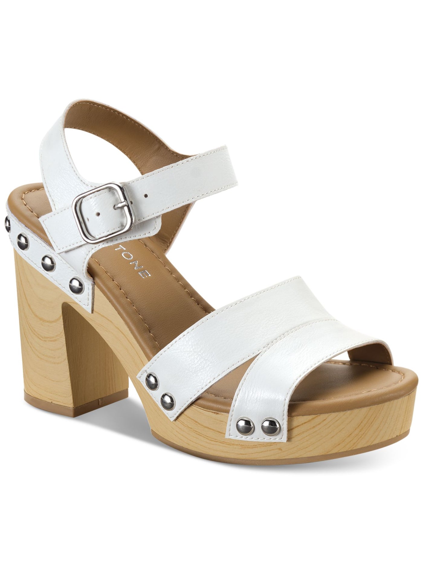 SUN STONE Womens White Studded 1 Platform Adjustable Strap Padded Deleste Round Toe Block Heel Buckle Dress Sandals Shoes 8 M