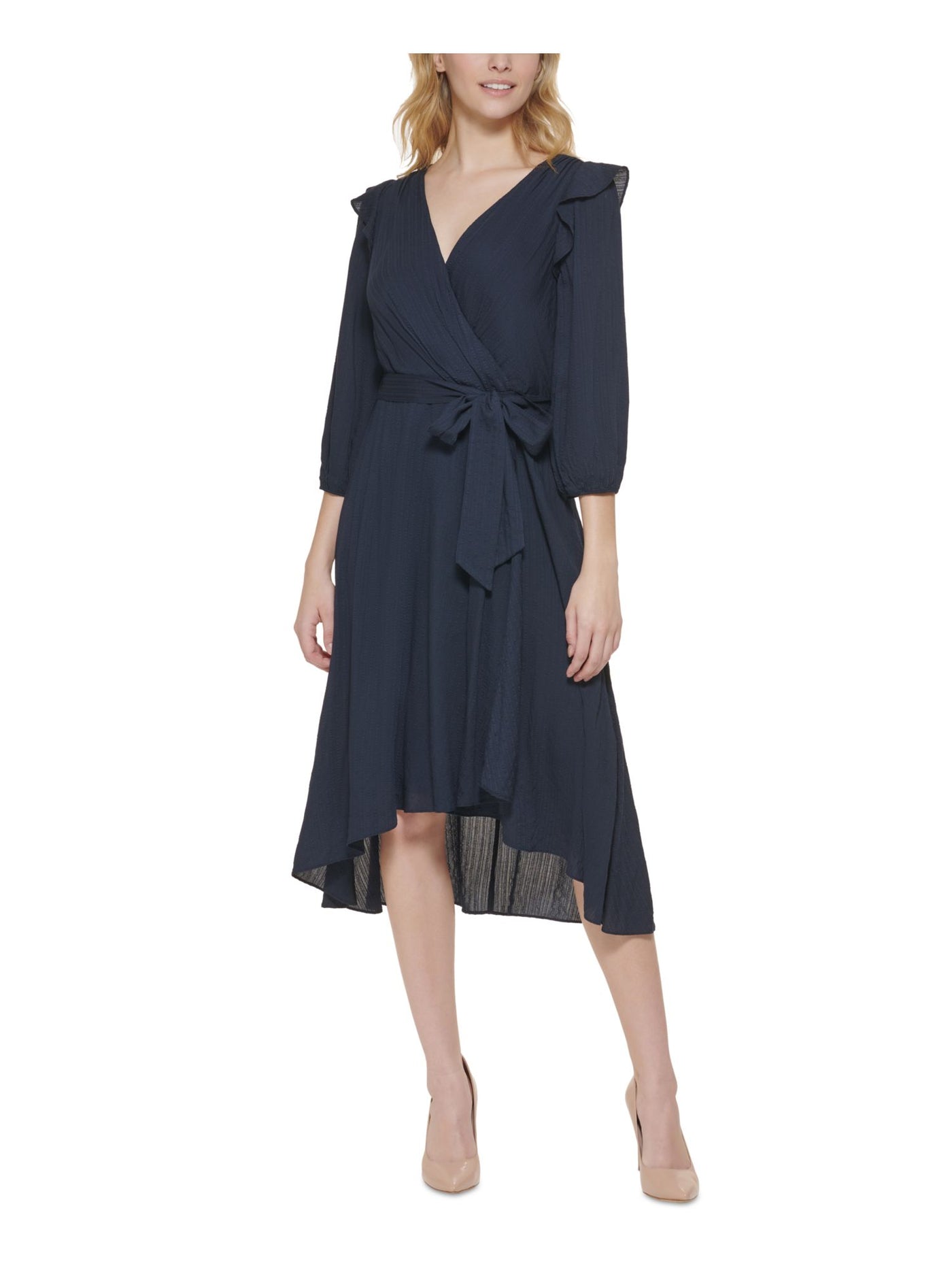 TOMMY HILFIGER Womens Navy Zippered Ruffled Self Tie Waist 3/4 Sleeve Surplice Neckline Midi Wear To Work Faux Wrap Dress 16