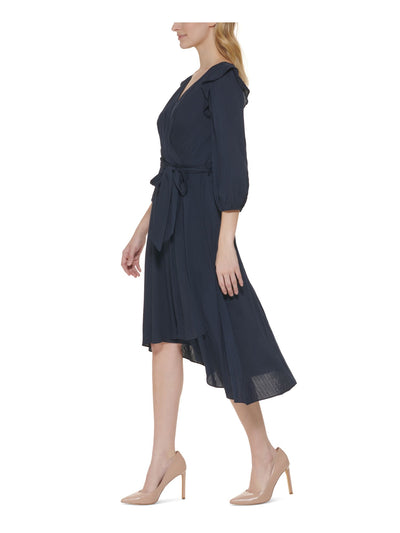 TOMMY HILFIGER Womens Navy Zippered Ruffled Self Tie Waist 3/4 Sleeve Surplice Neckline Midi Wear To Work Faux Wrap Dress 16