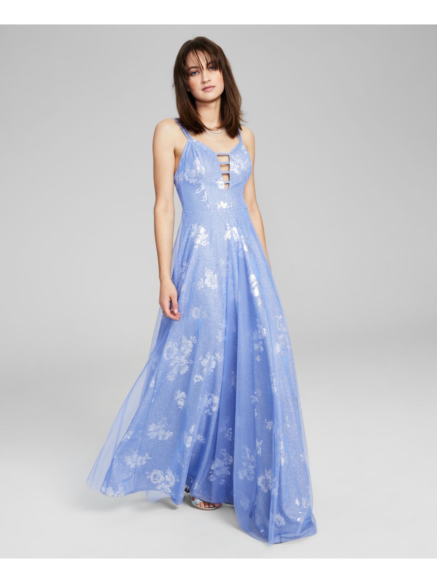 CITY STUDIO Womens Blue Glitter Zippered Strappy Detail Lined Floral Sleeveless V Neck Full-Length Prom Gown Dress Juniors 15