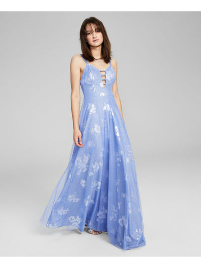 CITY STUDIO Womens Blue Glitter Zippered Strappy Detail Lined Floral Sleeveless V Neck Full-Length Prom Gown Dress Juniors 15