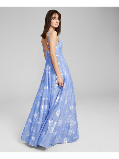 CITY STUDIO Womens Blue Glitter Zippered Strappy Detail Lined Floral Sleeveless V Neck Full-Length Prom Gown Dress Juniors 15