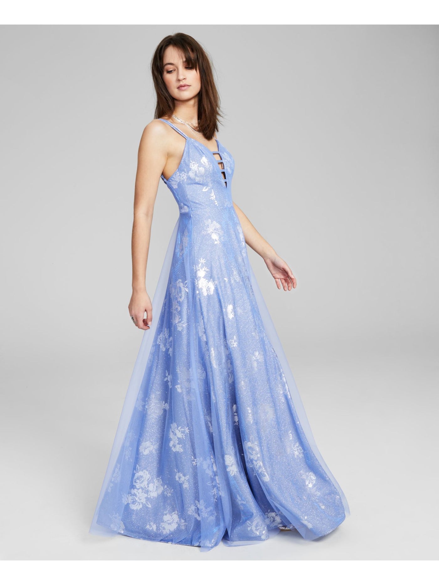 CITY STUDIO Womens Blue Glitter Zippered Strappy Detail Lined Floral Sleeveless V Neck Full-Length Prom Gown Dress Juniors 15