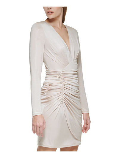 VINCE CAMUTO Womens Beige Ruched Zippered Lined Shoulder Pads Long Sleeve V Neck Above The Knee Cocktail Sheath Dress 6