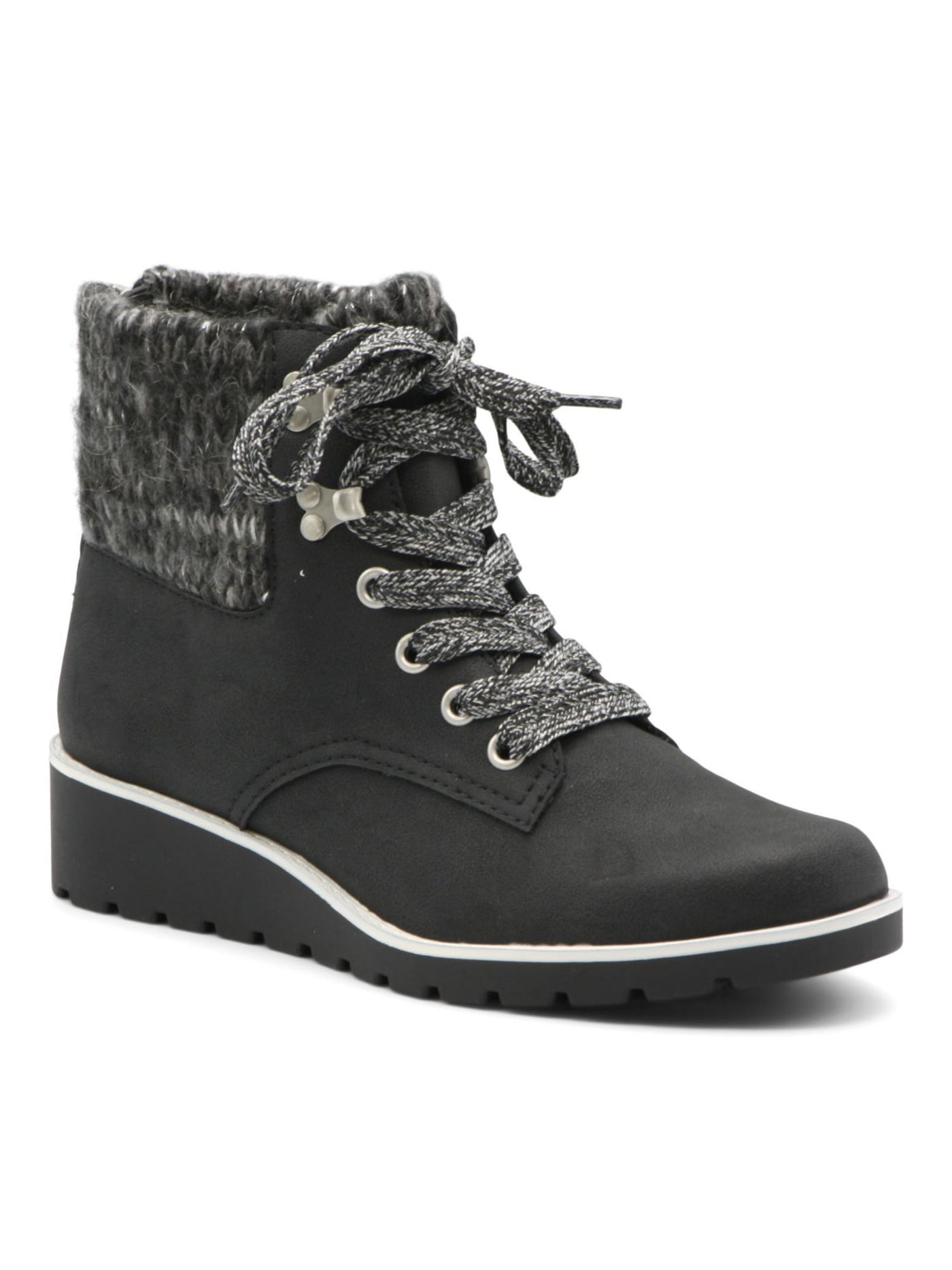 ADRIENNE VITTADINI SPORT Womens Black Color Block Chunky Knit Collar Lace-Up Padded Trilogy Round Toe Wedge Zip-Up Booties 7 M