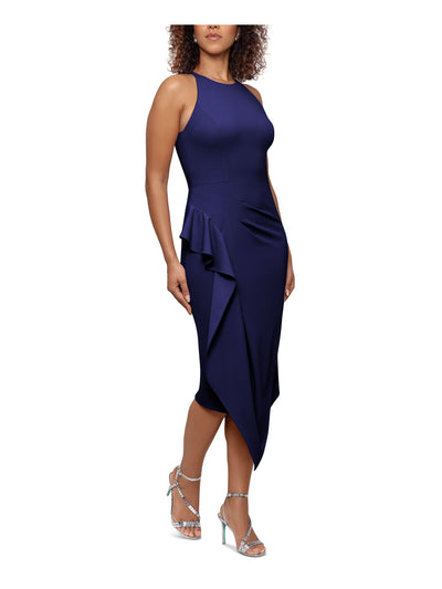 BETSY & ADAM Womens Navy Zippered Fitted Ruffled Asymmetrical Hem Lined Sleeveless Round Neck Tea-Length Cocktail Sheath Dress Petites 2