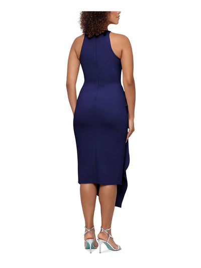 BETSY & ADAM Womens Navy Zippered Fitted Ruffled Asymmetrical Hem Lined Sleeveless Round Neck Tea-Length Cocktail Sheath Dress Petites 2