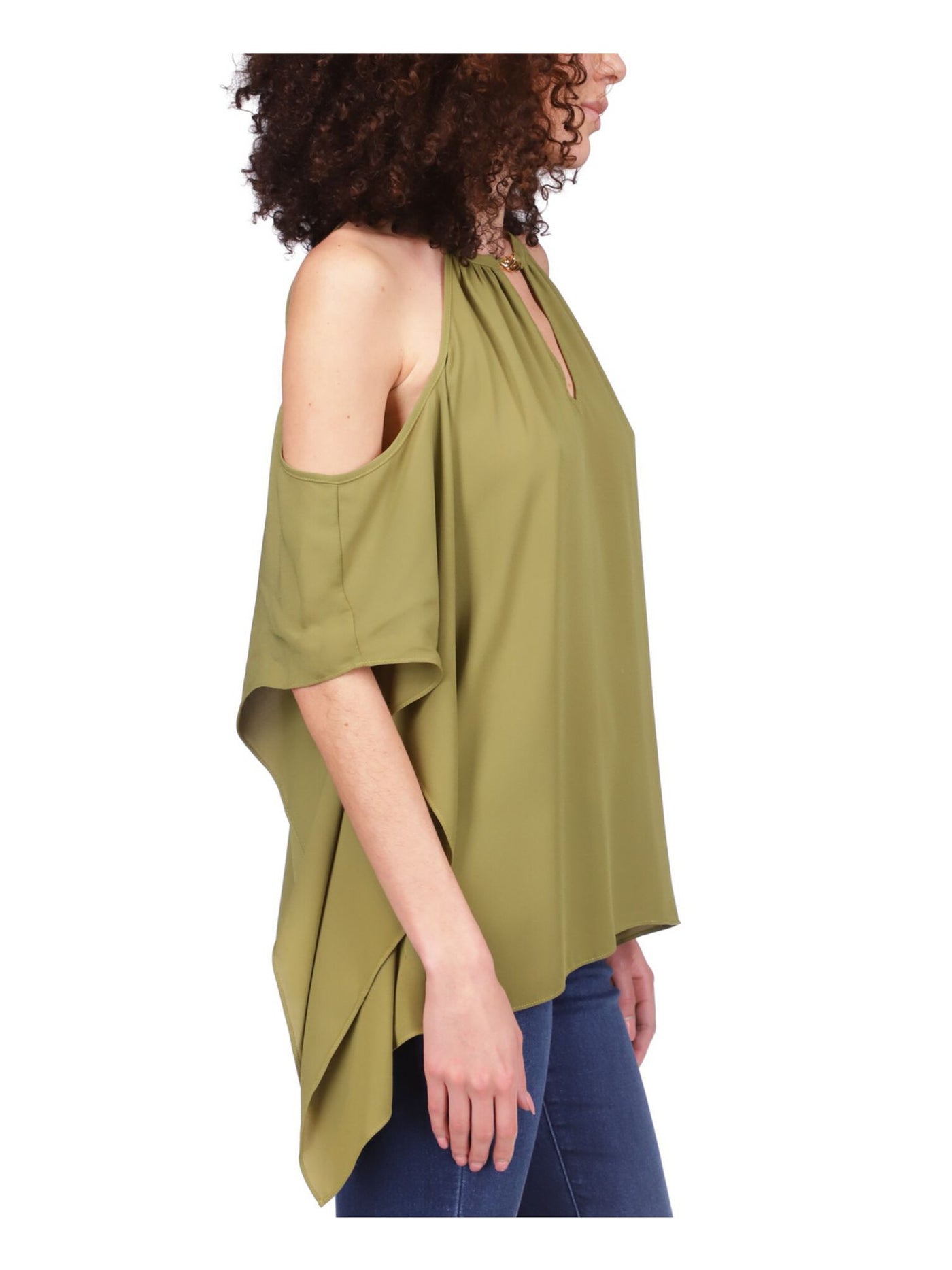 MICHAEL MICHAEL KORS Womens Green Cold Shoulder Keyhole Back Handkerchief Hem Elbow Sleeve Crew Neck Party Top XXS