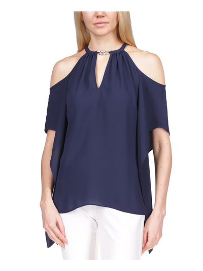 MICHAEL KORS Womens Navy Cut Out Cold Shoulder Handkerchief Hem Elbow Sleeve Round Neck Top XS