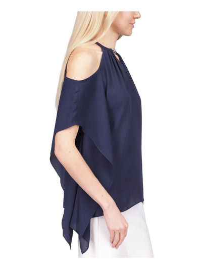 MICHAEL KORS Womens Navy Cut Out Cold Shoulder Handkerchief Hem Elbow Sleeve Round Neck Top XS