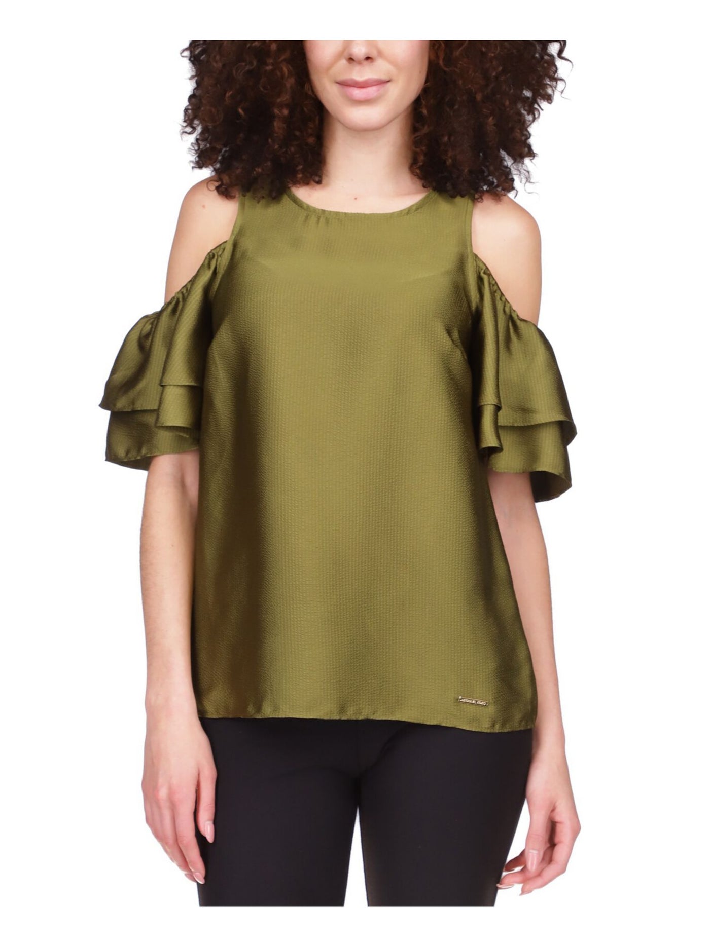 MICHAEL KORS Womens Green Cold Shoulder Keyhole Back Short Sleeve Crew Neck Party Top XXS