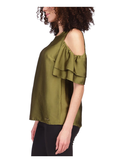 MICHAEL KORS Womens Green Cold Shoulder Keyhole Back Short Sleeve Crew Neck Party Top XXS