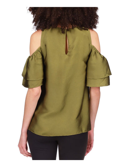 MICHAEL KORS Womens Green Cold Shoulder Keyhole Back Short Sleeve Crew Neck Party Top XXS