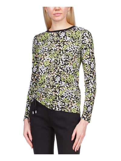 MICHAEL MICHAEL KORS Womens Black Ruched Drawstring Floral Long Sleeve Boat Neck Top Petites P\XS