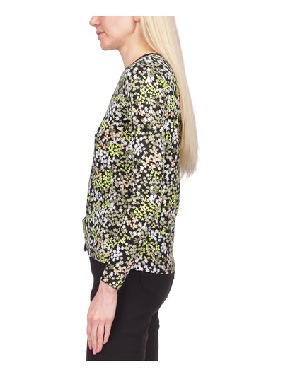 MICHAEL MICHAEL KORS Womens Black Ruched Drawstring Floral Long Sleeve Boat Neck Top Petites P\XS