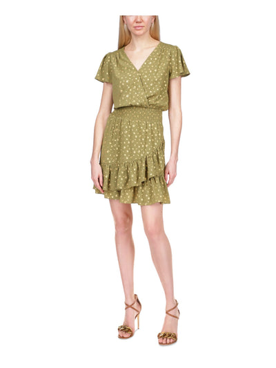 MICHAEL MICHAEL KORS Womens Green Metallic Smocked Printed Short Sleeve Surplice Neckline Above The Knee Tulip Dress Petites P\M