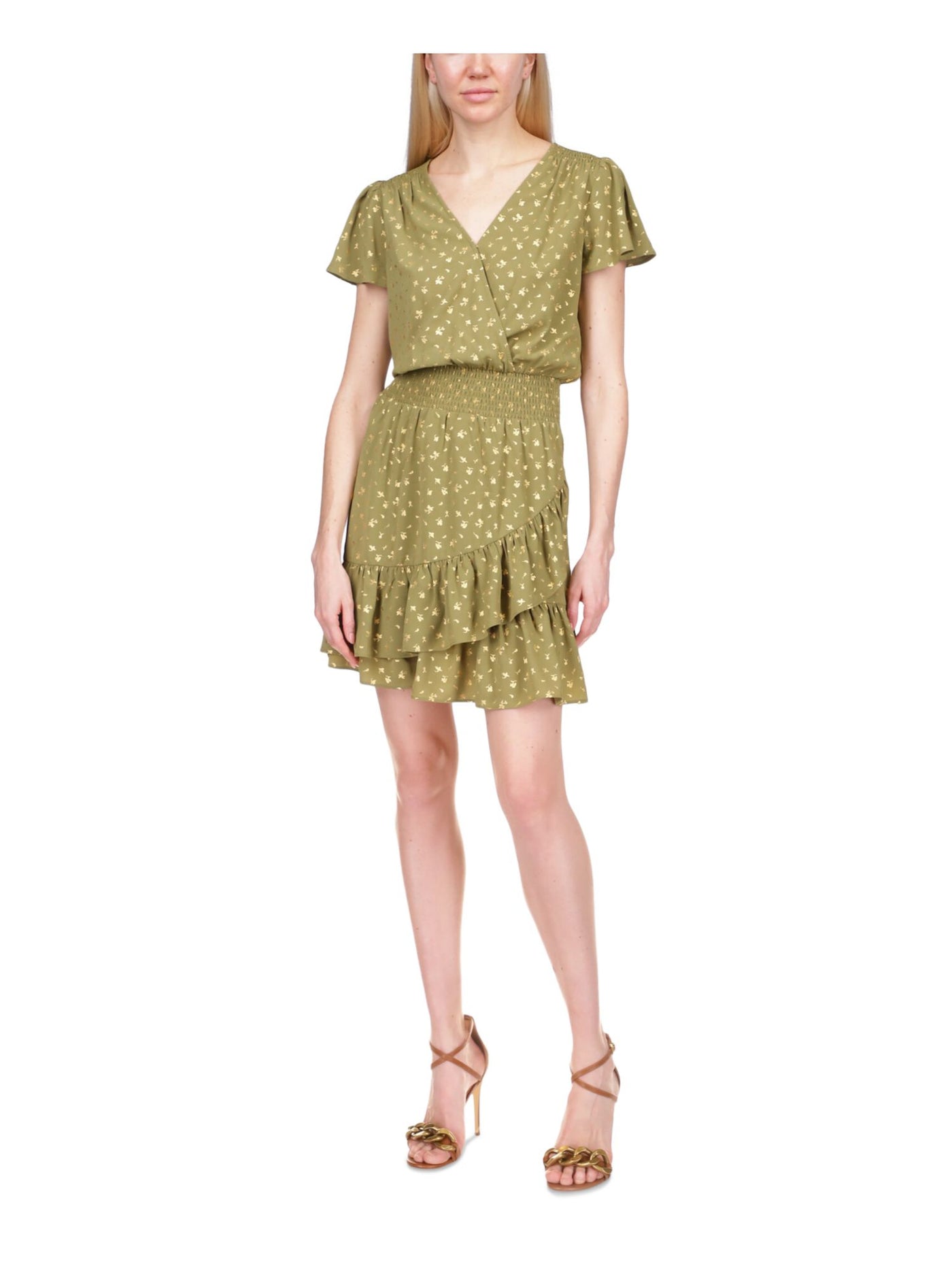 MICHAEL KORS Womens Green Smocked Asymmetrical Ruffled Skirt Flutter Sleeve Surplice Neckline Short Party Faux Wrap Dress XL