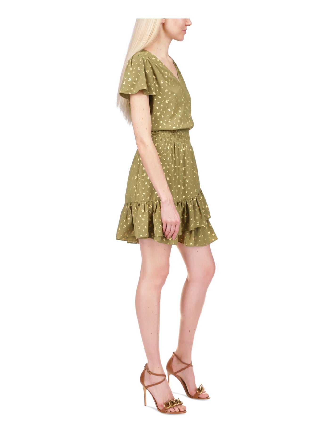 MICHAEL MICHAEL KORS Womens Green Metallic Smocked Printed Short Sleeve Surplice Neckline Above The Knee Tulip Dress Petites P\M