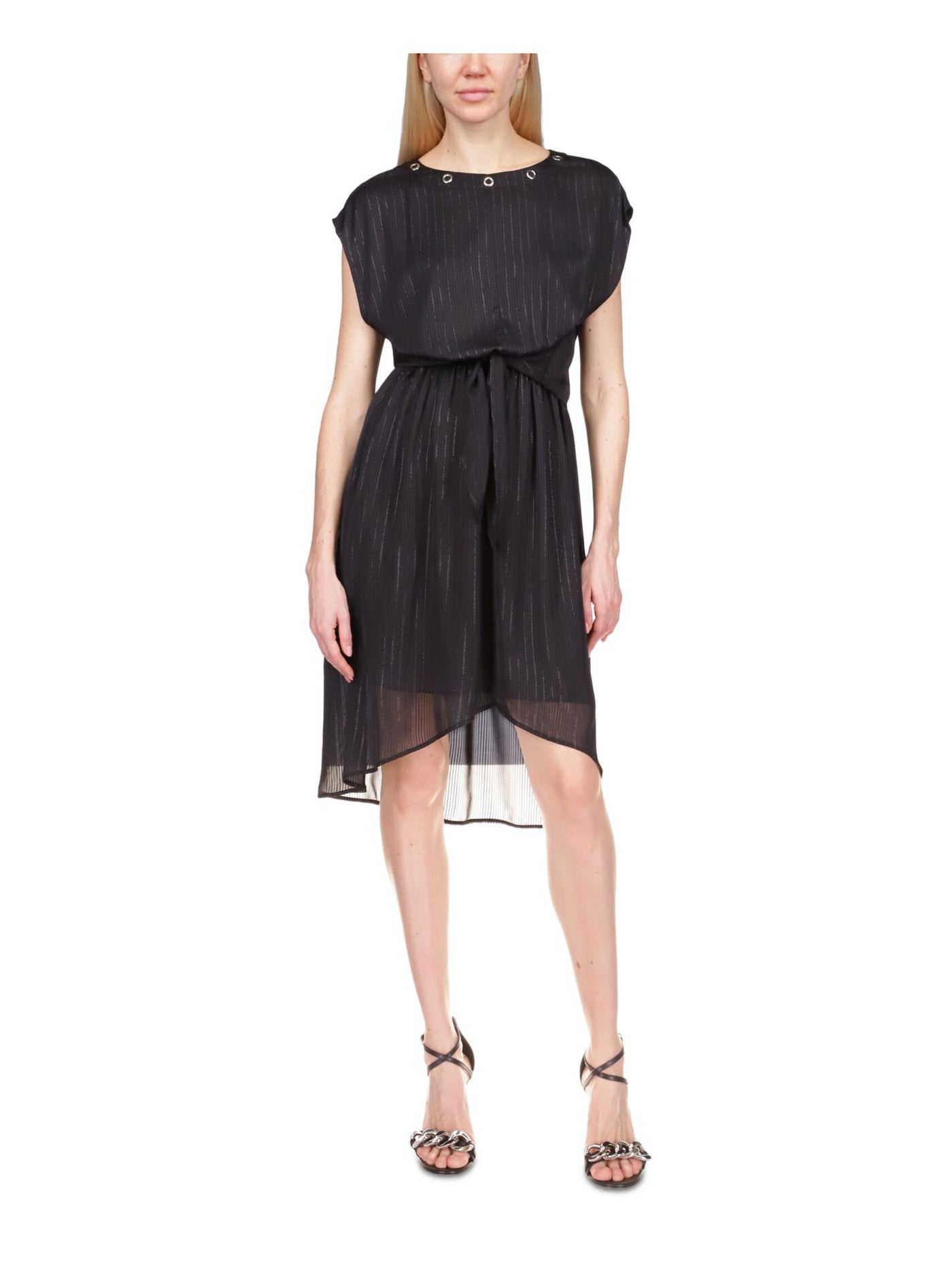 MICHAEL KORS Womens Black Tie Sheer Keyhole Closure Grommets Hi-lo Cap Sleeve Round Neck Below The Knee Fit + Flare Dress XL