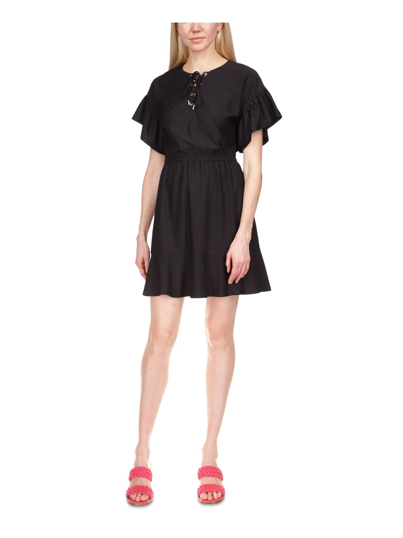 MICHAEL KORS Womens Ruffled Flutter Sleeve Crew Neck Mini Fit + Flare Dress