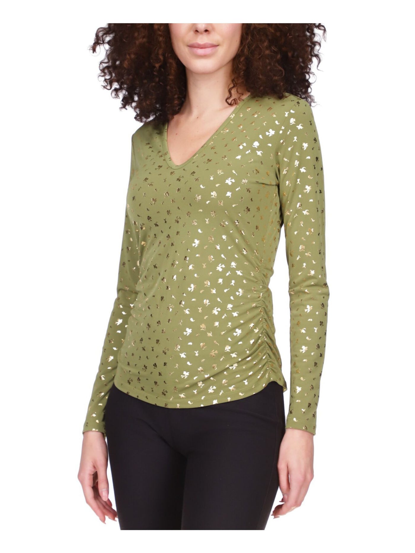 MICHAEL MICHAEL KORS Womens Green Ruched Printed Long Sleeve V Neck Top Petites P\XS