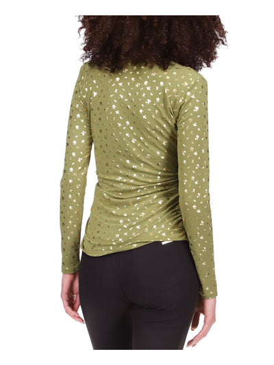 MICHAEL MICHAEL KORS Womens Green Ruched Long Sleeve V Neck Top S