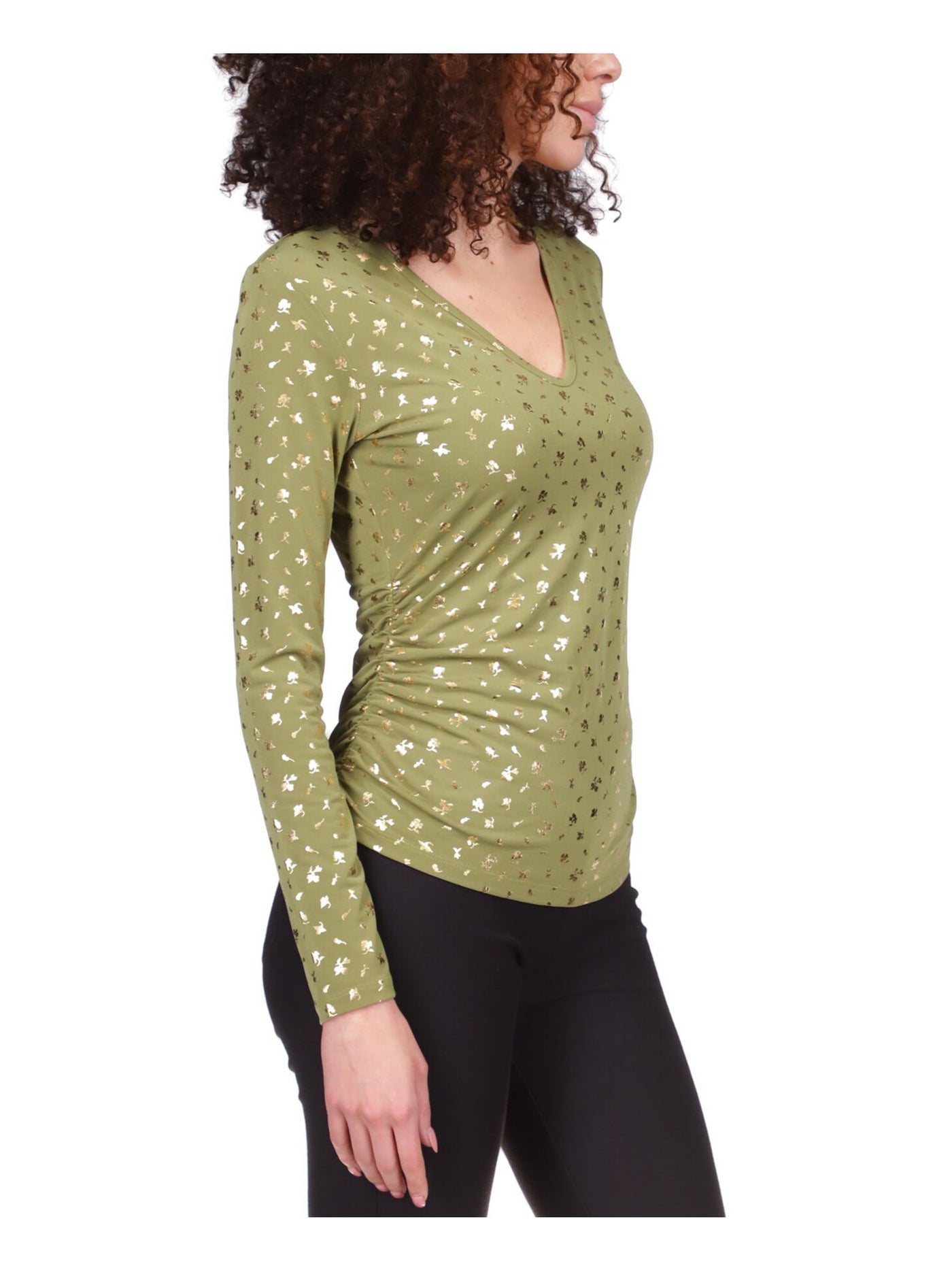 MICHAEL MICHAEL KORS Womens Green Ruched Printed Long Sleeve V Neck Top Petites P\XS