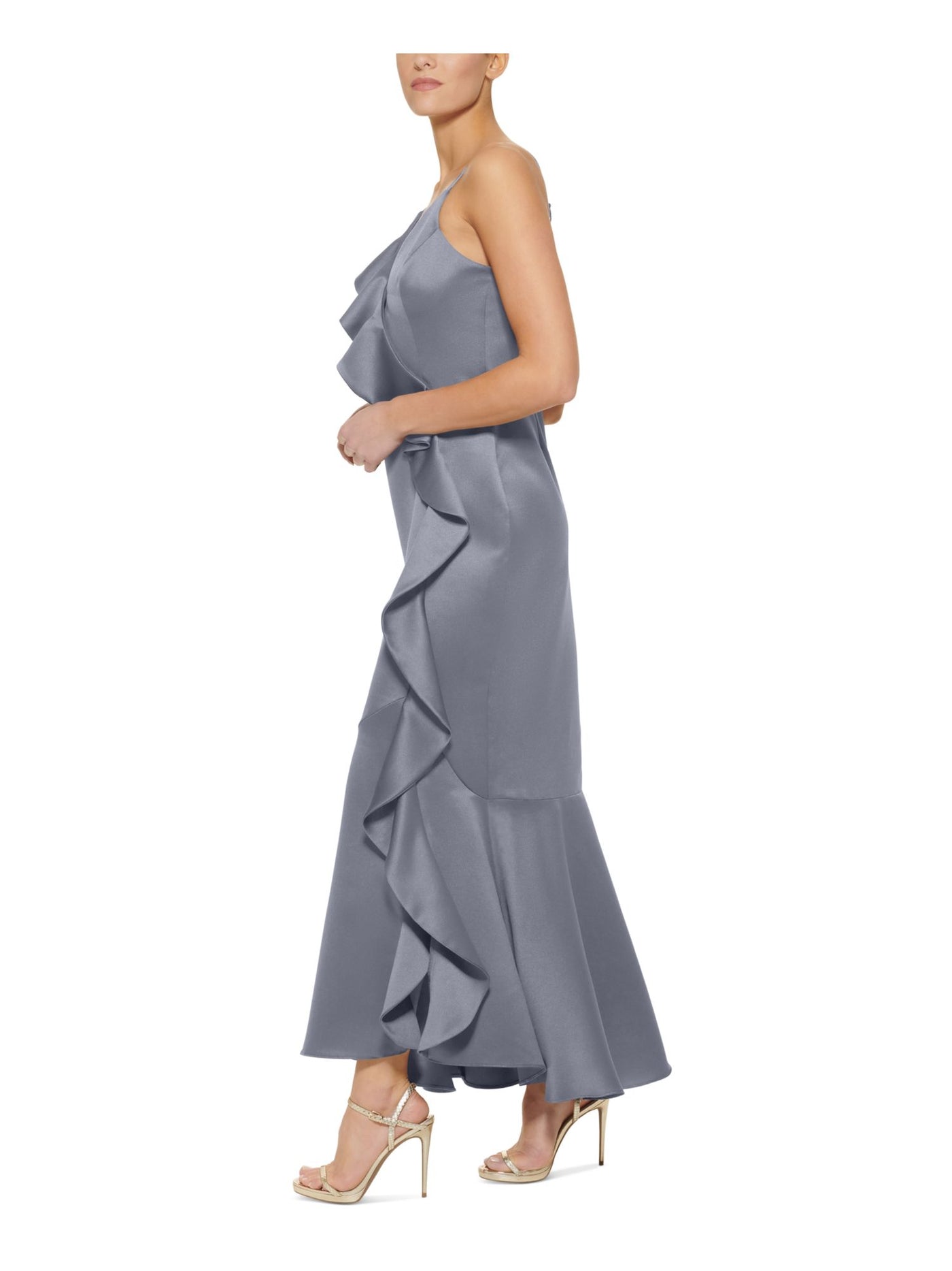 DKNY Womens Light Blue Adjustable Zippered Ruffled Slitted Flounce Hem Spaghetti Strap V Neck Full-Length Cocktail Mermaid Dress 16