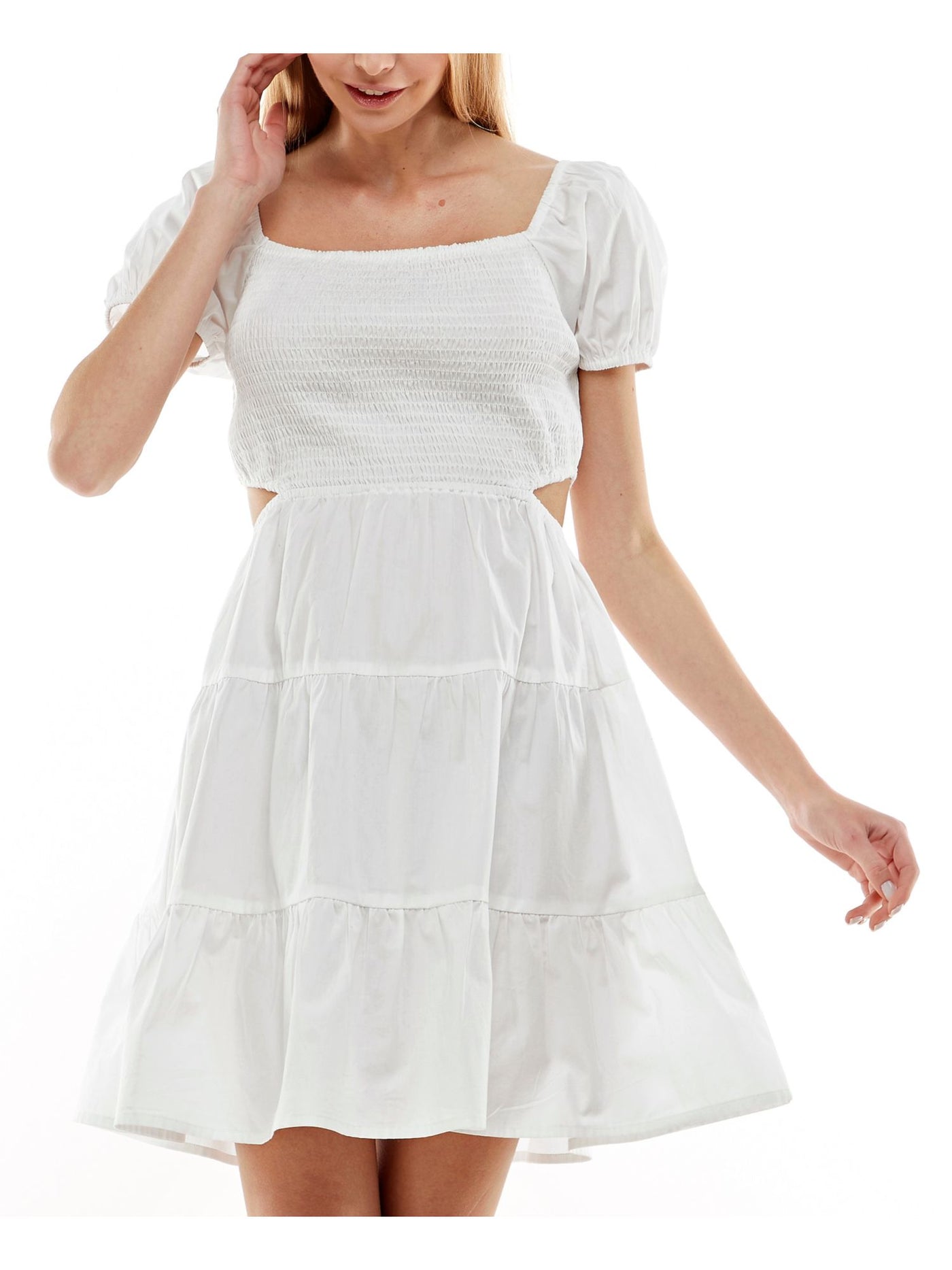 PLANET GOLD Womens White Smocked Cut Out Unlined Tiered Pouf Sleeve Square Neck Short Fit + Flare Dress XL