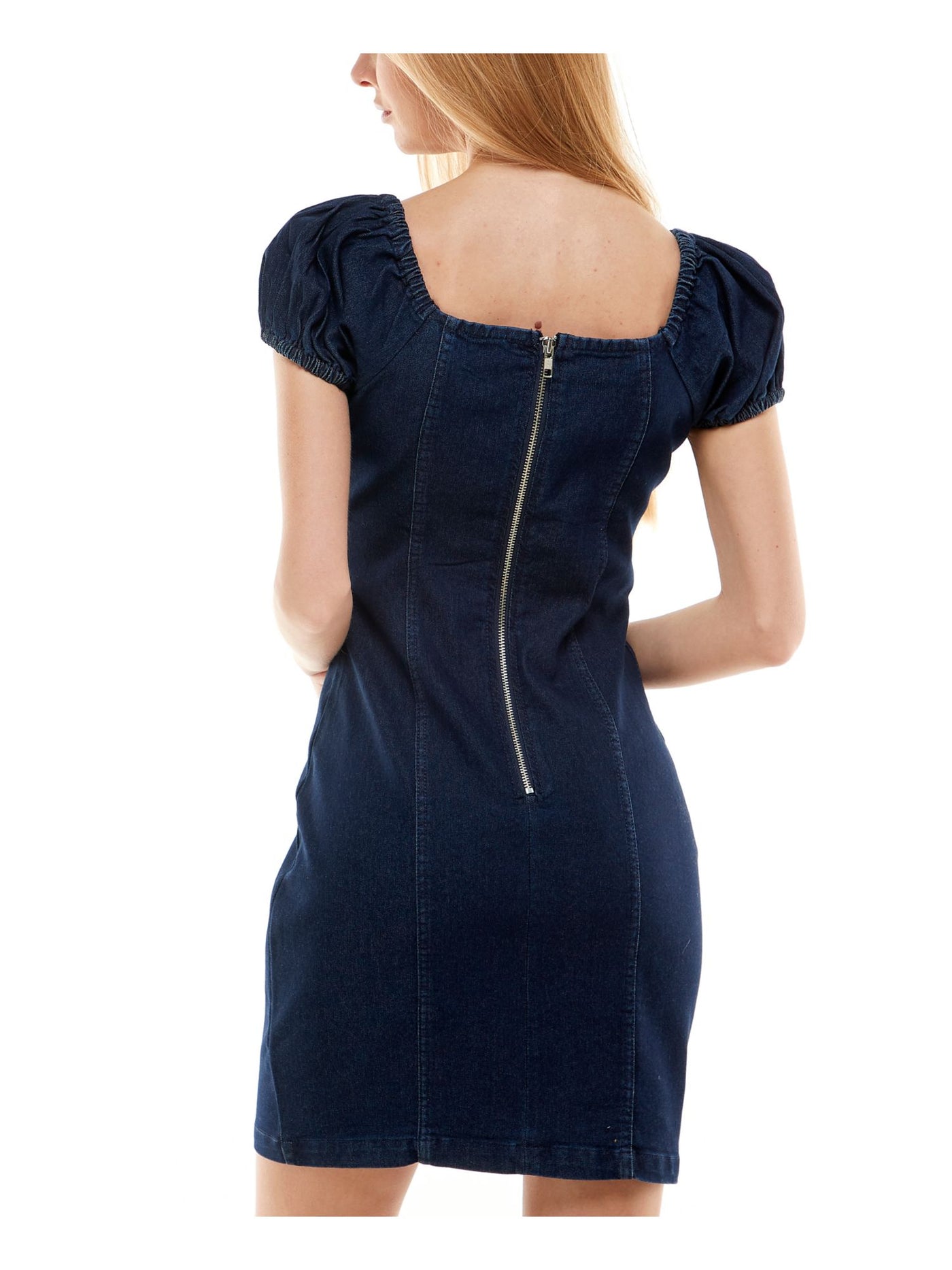 ROSIE HARLOW Womens Navy Stretch Zippered Ruched Pouf Sleeve Square Neck Short Body Con Dress XS